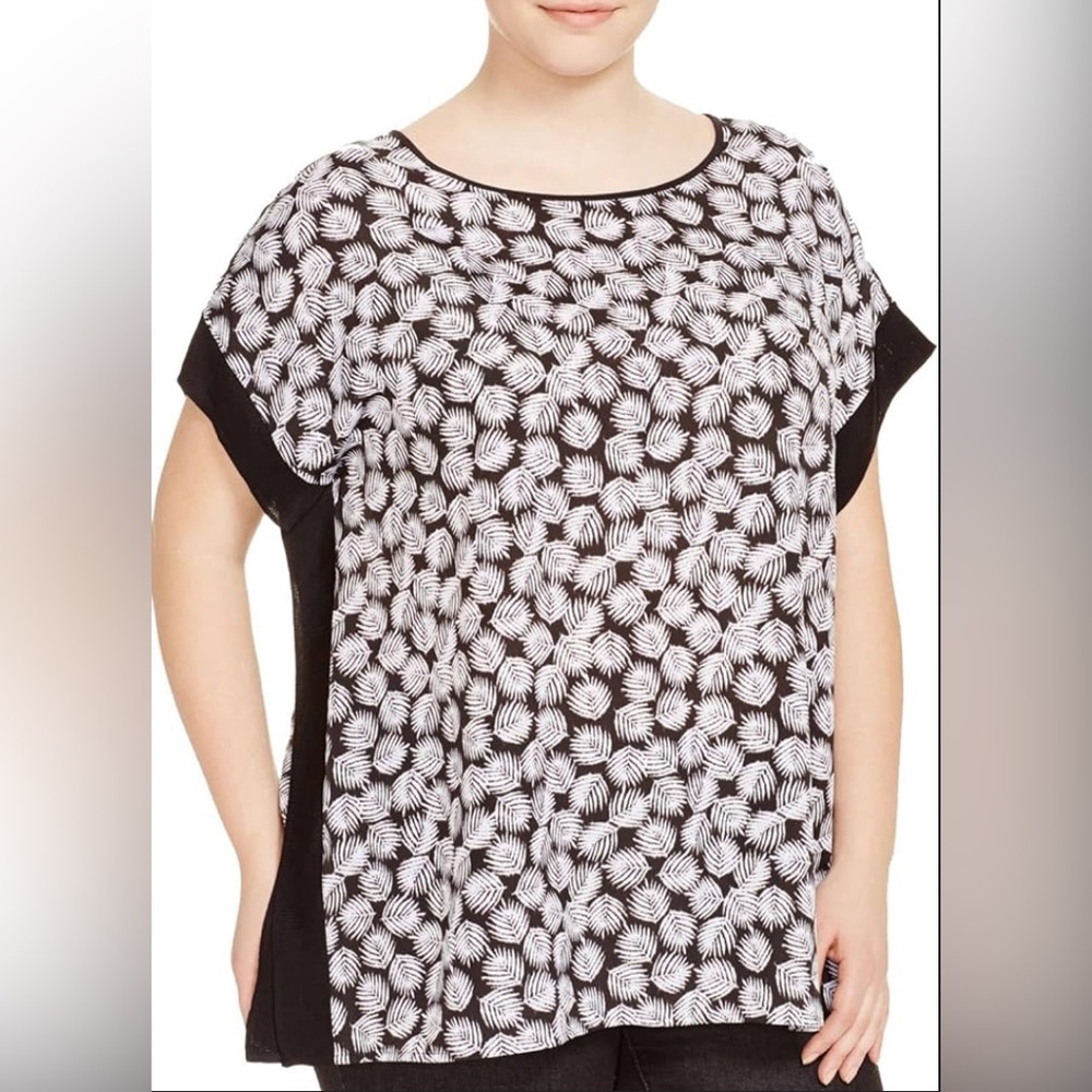 Michael Kors Womens Ribbed-Trim Poncho Top Black White Leaf Print Size Large
